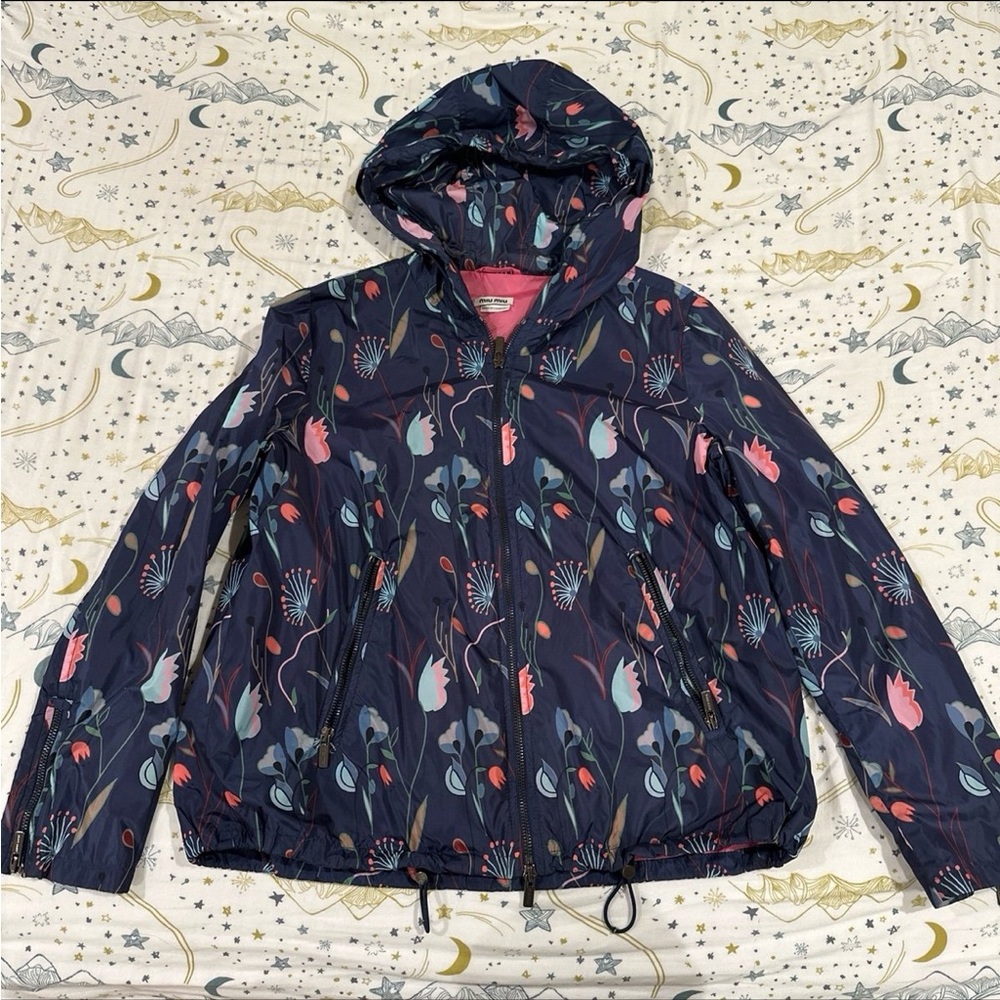 Miu Miu Navy Floral Hooded Puffer Jacket